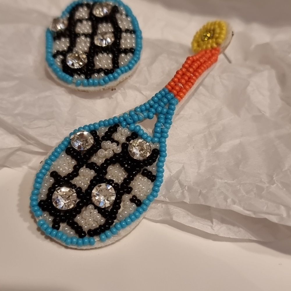 New Multicolor Beaded Tennis  Racket Rhinestone Earrings - Picture 2 of 8